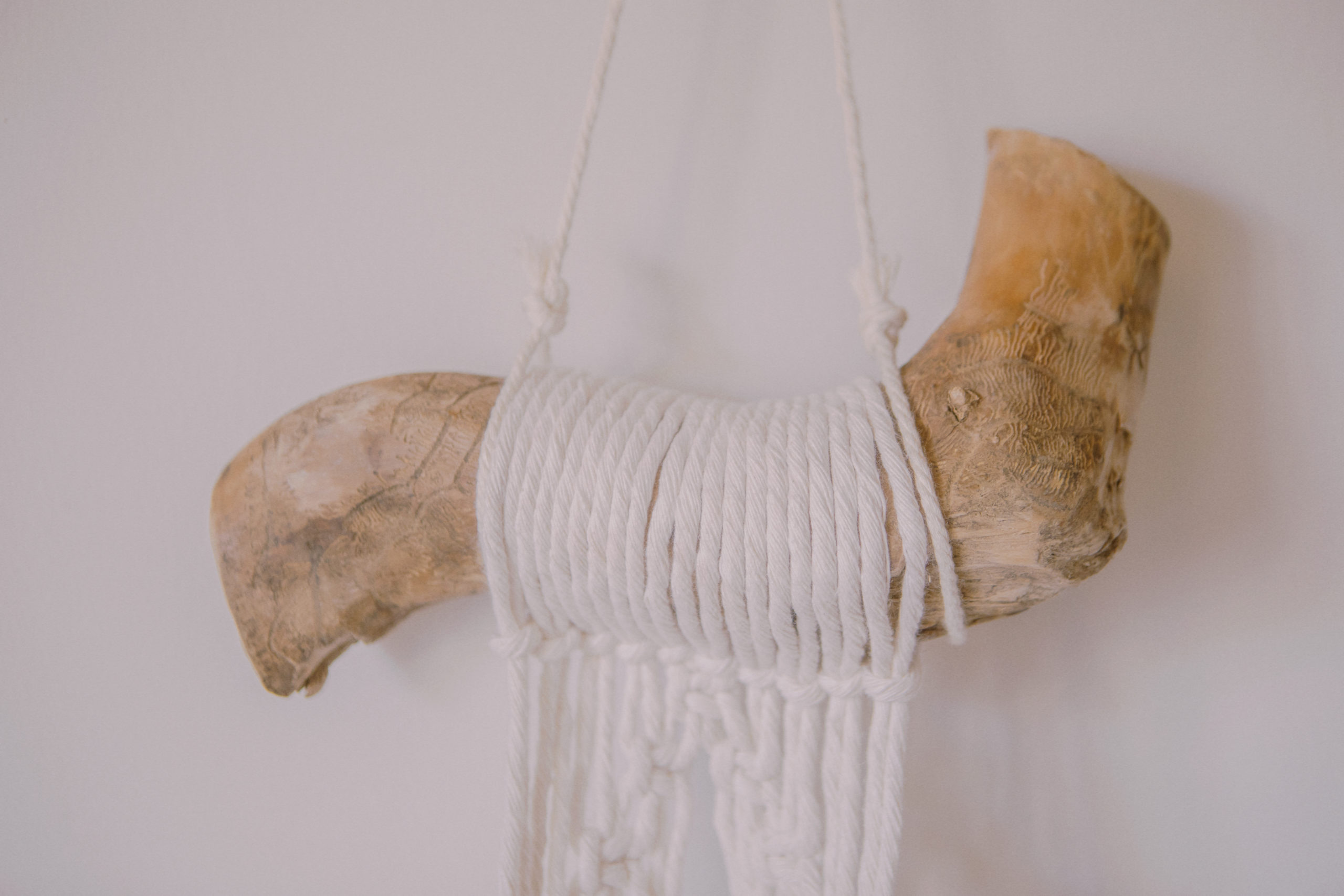 Macetero artesanal de macramé hecho con madera de la sierra de guadarrama y cuerdas de algodón ecológicas
